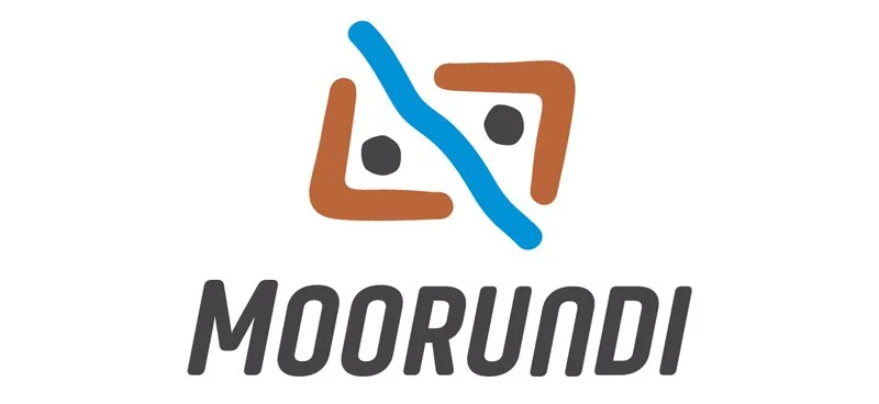 Logo with two abstract human figures, a blue diagonal line separating them, and the text 'MOORINDI' below.