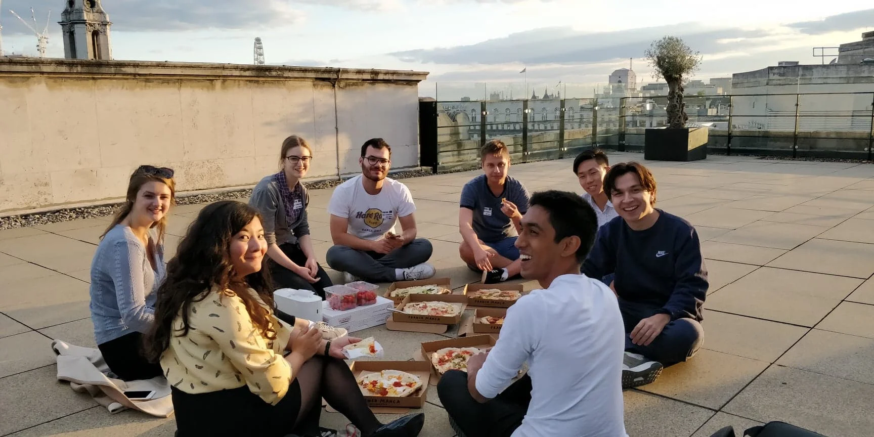 A campus team pizza social on the roof of our London offices.