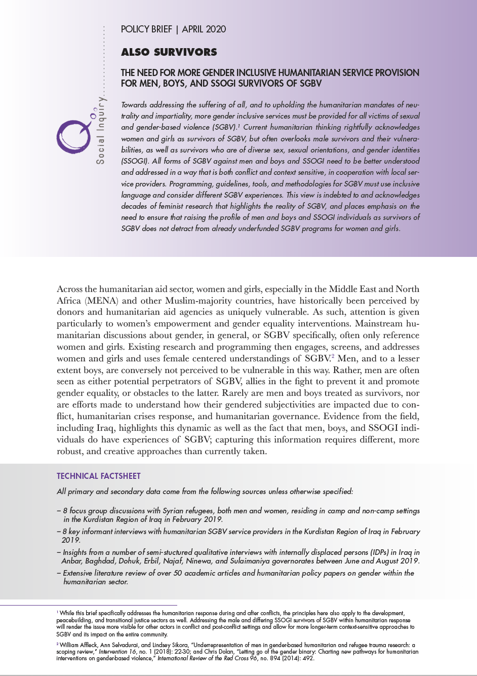 Also Survivors: The Need for More Gender Inclusive Humanitarian Service Provision for Men, Boys, and SSOGI Survivors of SGBV