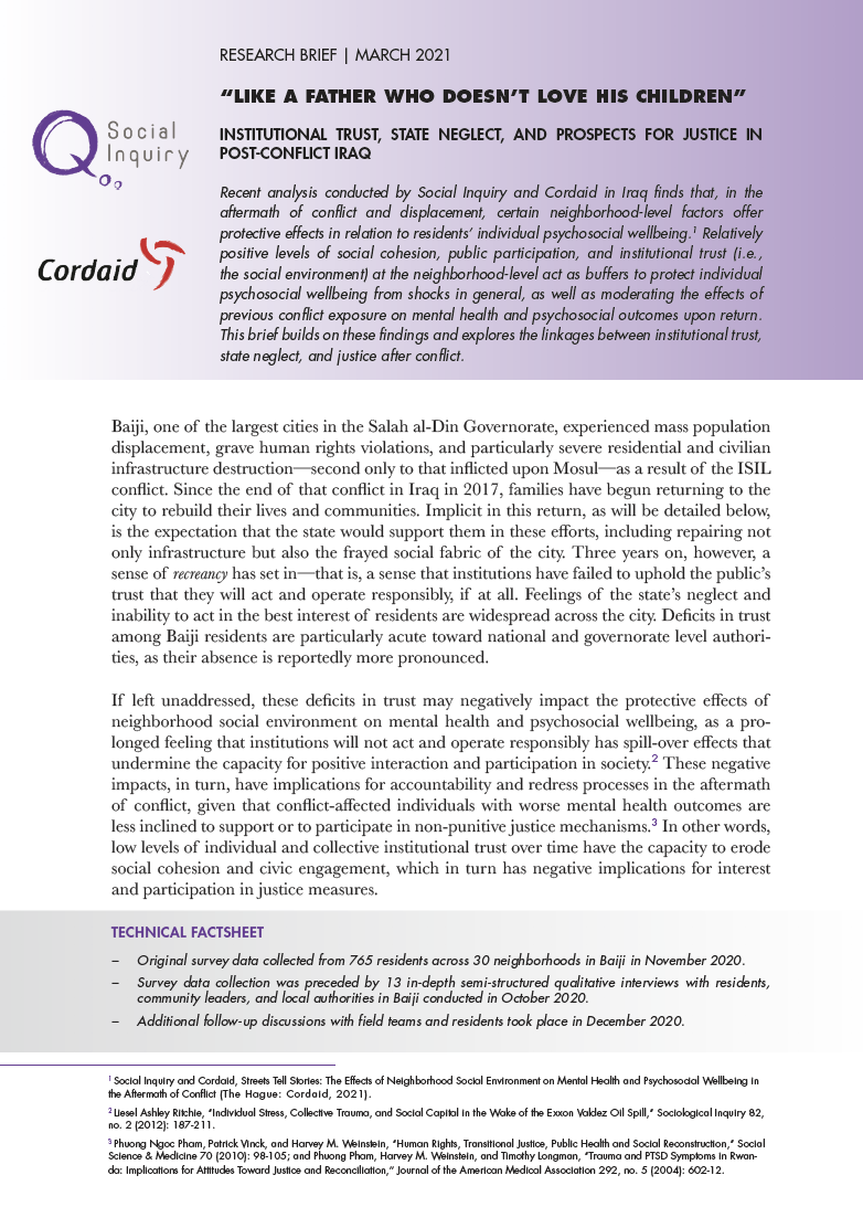 “Like A Father Who Doesn't Love His Children”: Institutional Trust, State Neglect, and Prospects for Justice in Post-Conflict Iraq