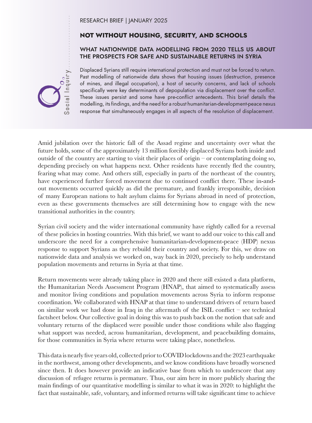 Not Without Housing, Security, and Schools: What Nationwide Data Modelling from 2020 Tells Us About the Prospects for Safe and Sustainable Returns in Syria