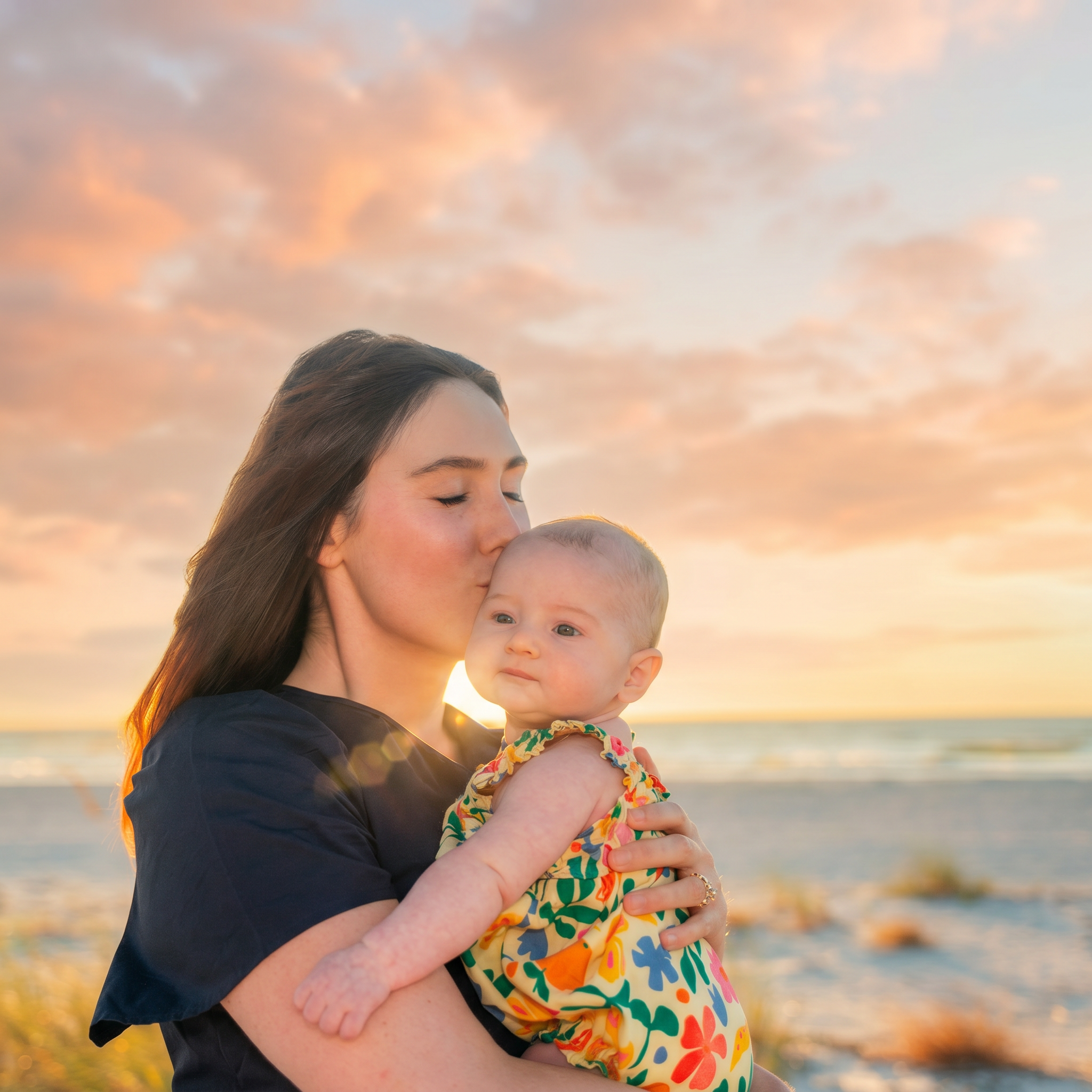 A woman with brown hair holding a baby with blonde hair at the beach during sunset, with pink and orange clouds in the sky.