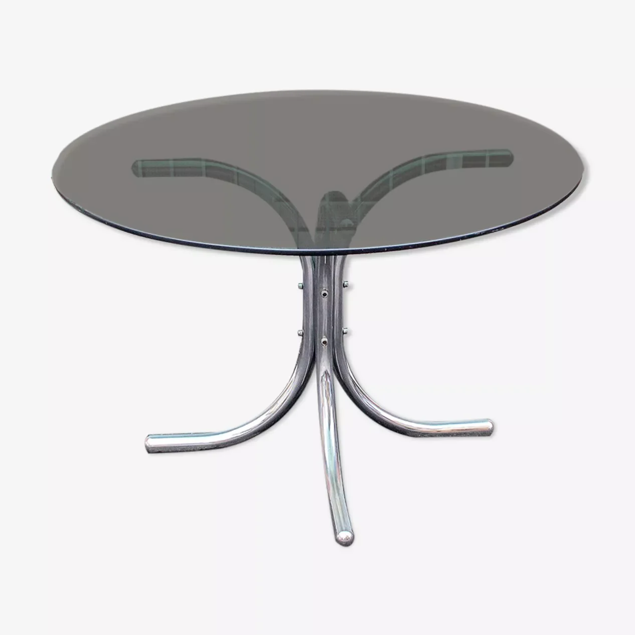 Table ronde en métal chromé et verre Italia années 60