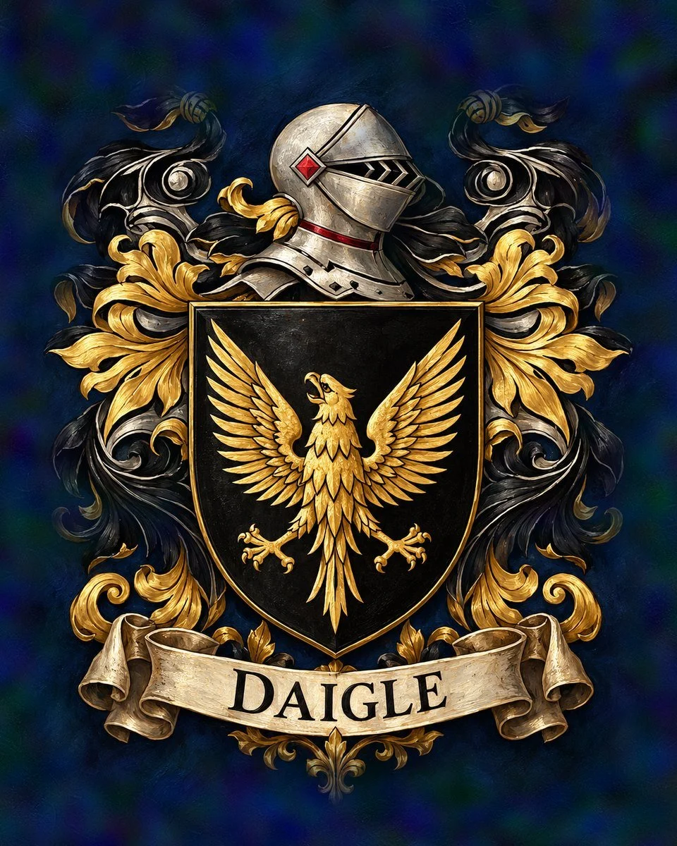 Daigle crest, husband, helmet facing right