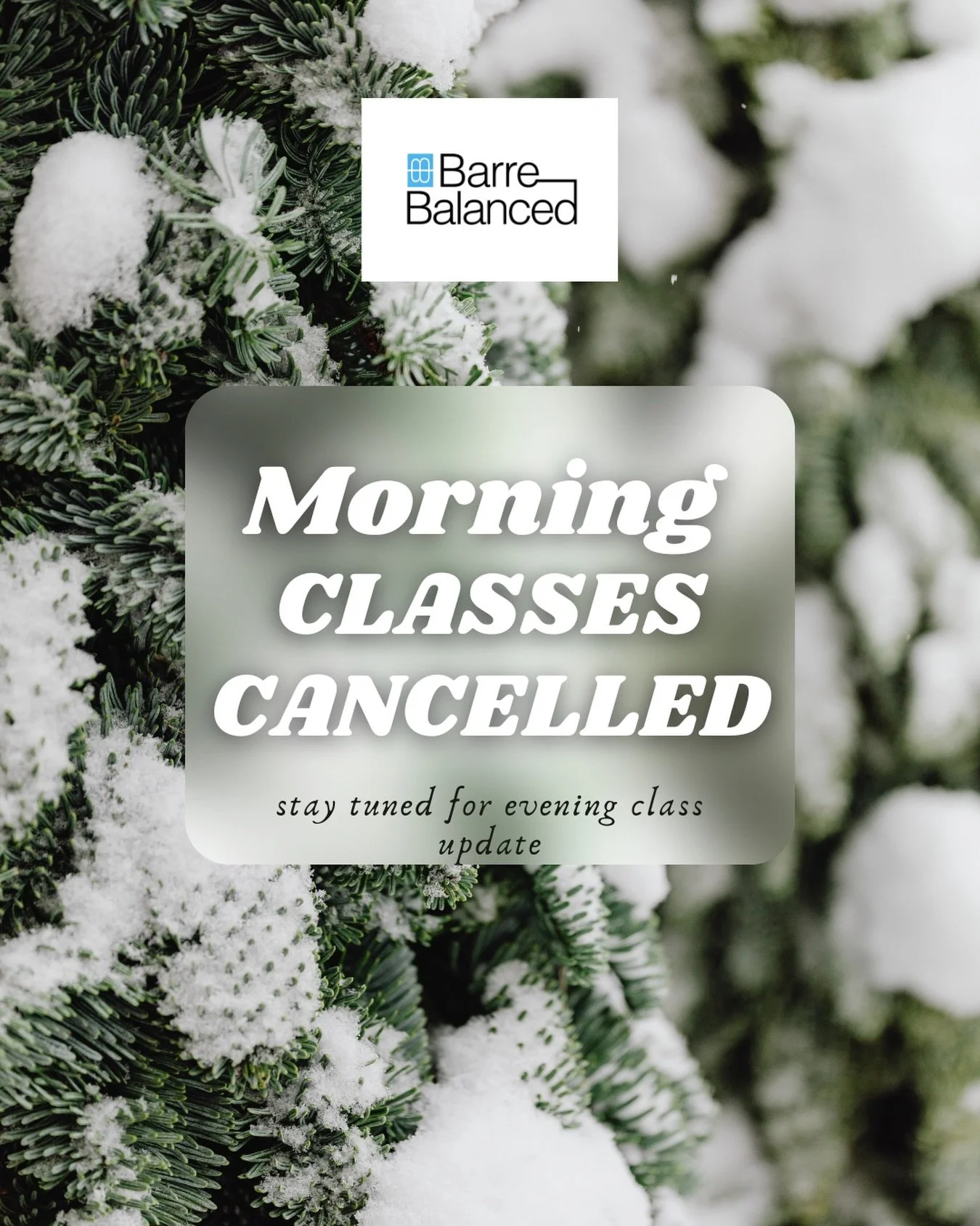 Morning classes are canceled for Monday 1/26 due to snow. Stay tuned for evening class update. Stay safe, warm, and cozy! ❄️☃️🩵🩶
