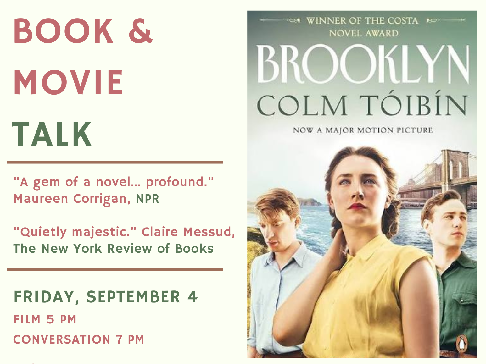 Willoughby Book &amp; Film Talk - Brooklyn by Colm Toibin