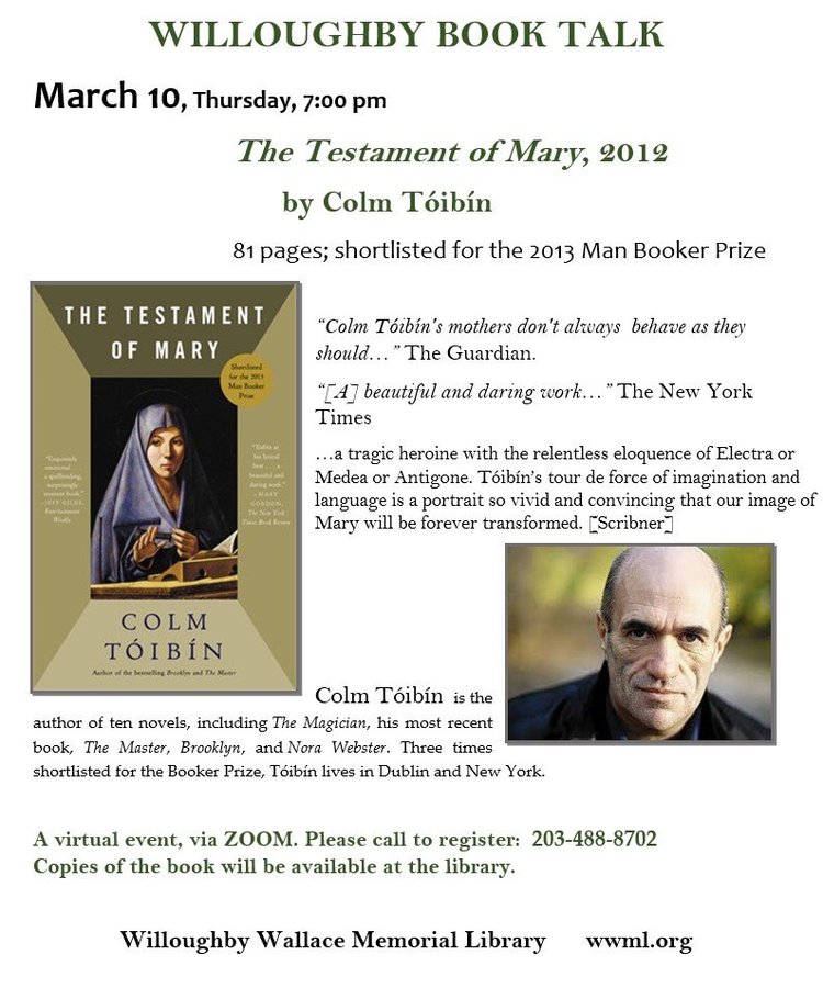 Willoughby Book Talk: The Testament of Mary by Colm Toibin — The ...