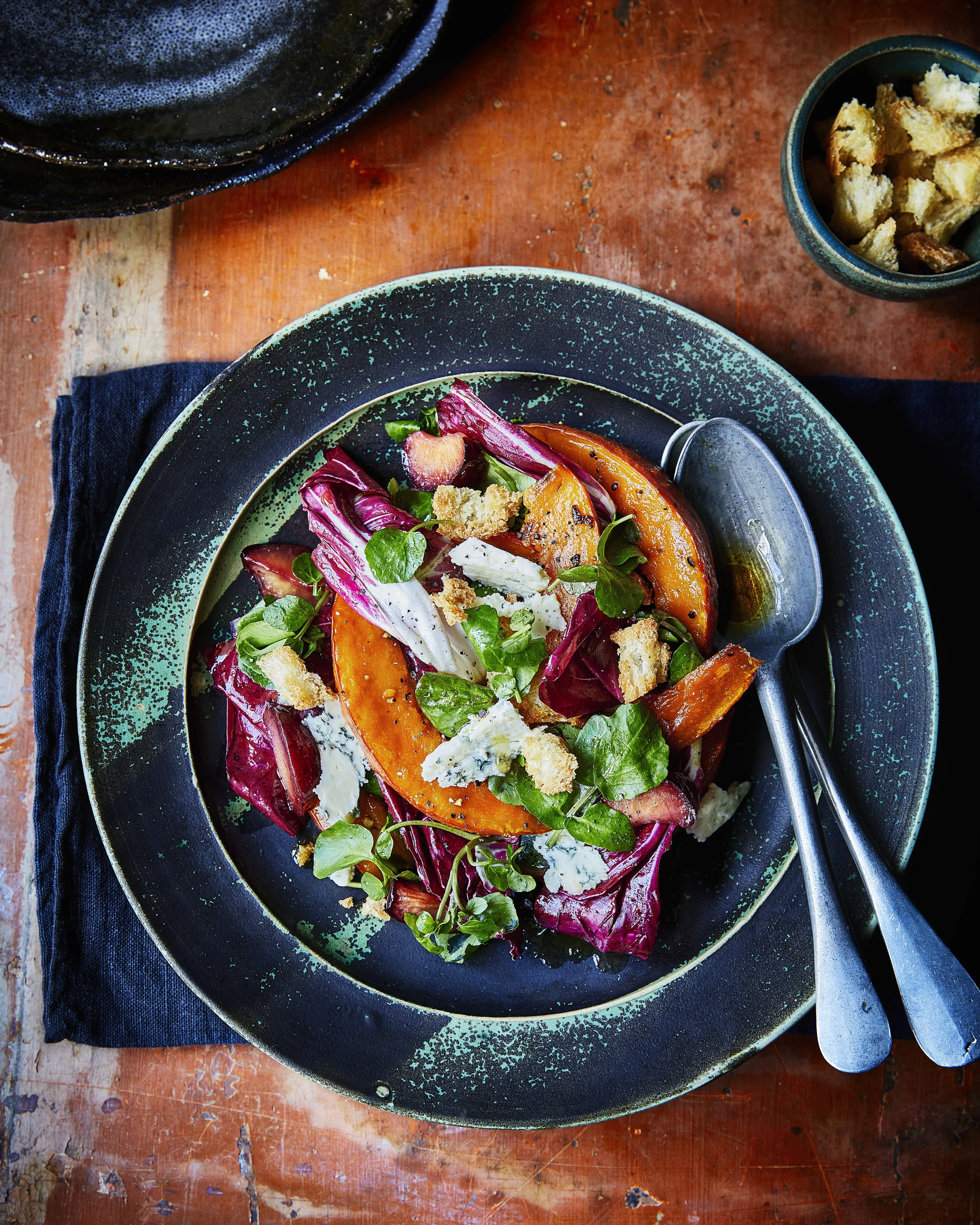 Winter salad of radicchio, stilton, hazelnut and chilli, roasted squash, Photo Credit: Hannah Hughes