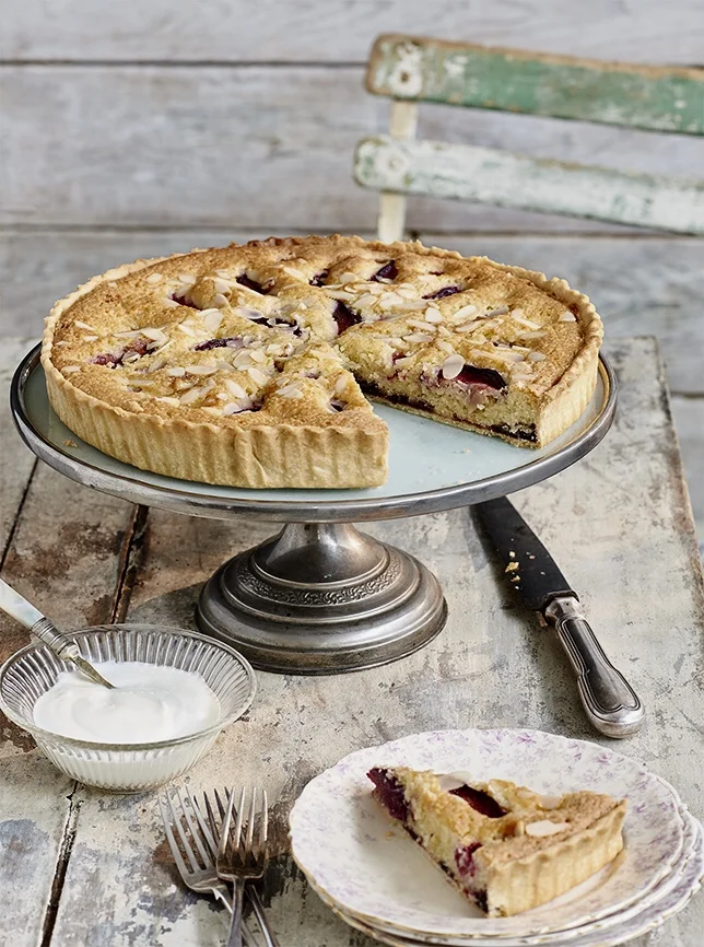 Plum, almond and orange tart, Photo Credit: Rosie Alsop