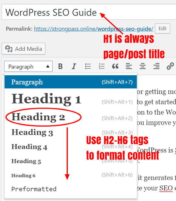 how to use h1, h2, h3 heading tags in wordpress.