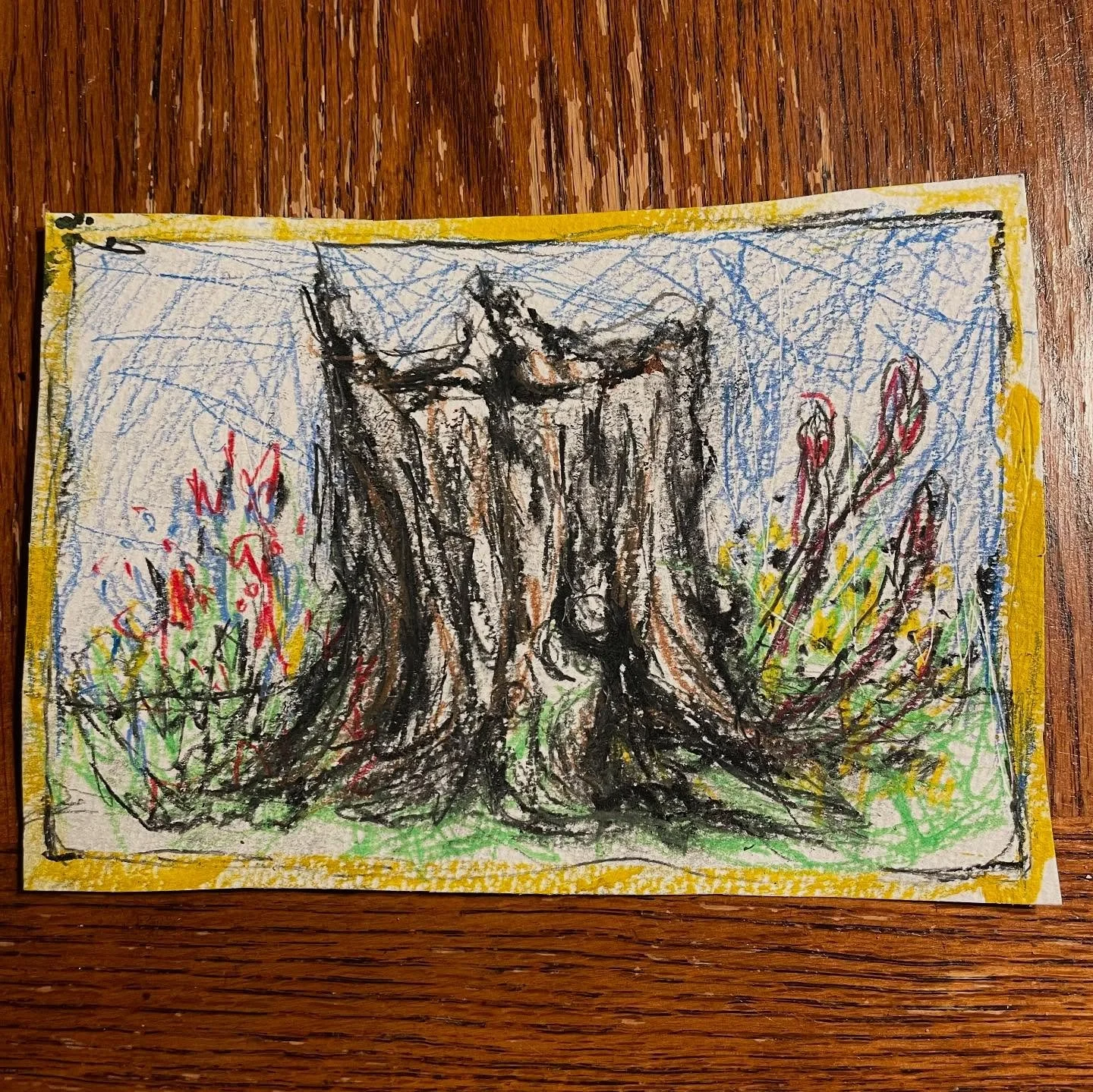 Inktober Day 14- Trunk.  The trunk of an old tree surrounded by new growth.  I found inspiration for the surrounding plants on a walk with my dog this morning.  Yep, that was me taking random pictures of your mailbox- hope you didn&rsquo;t mind!😉
.
