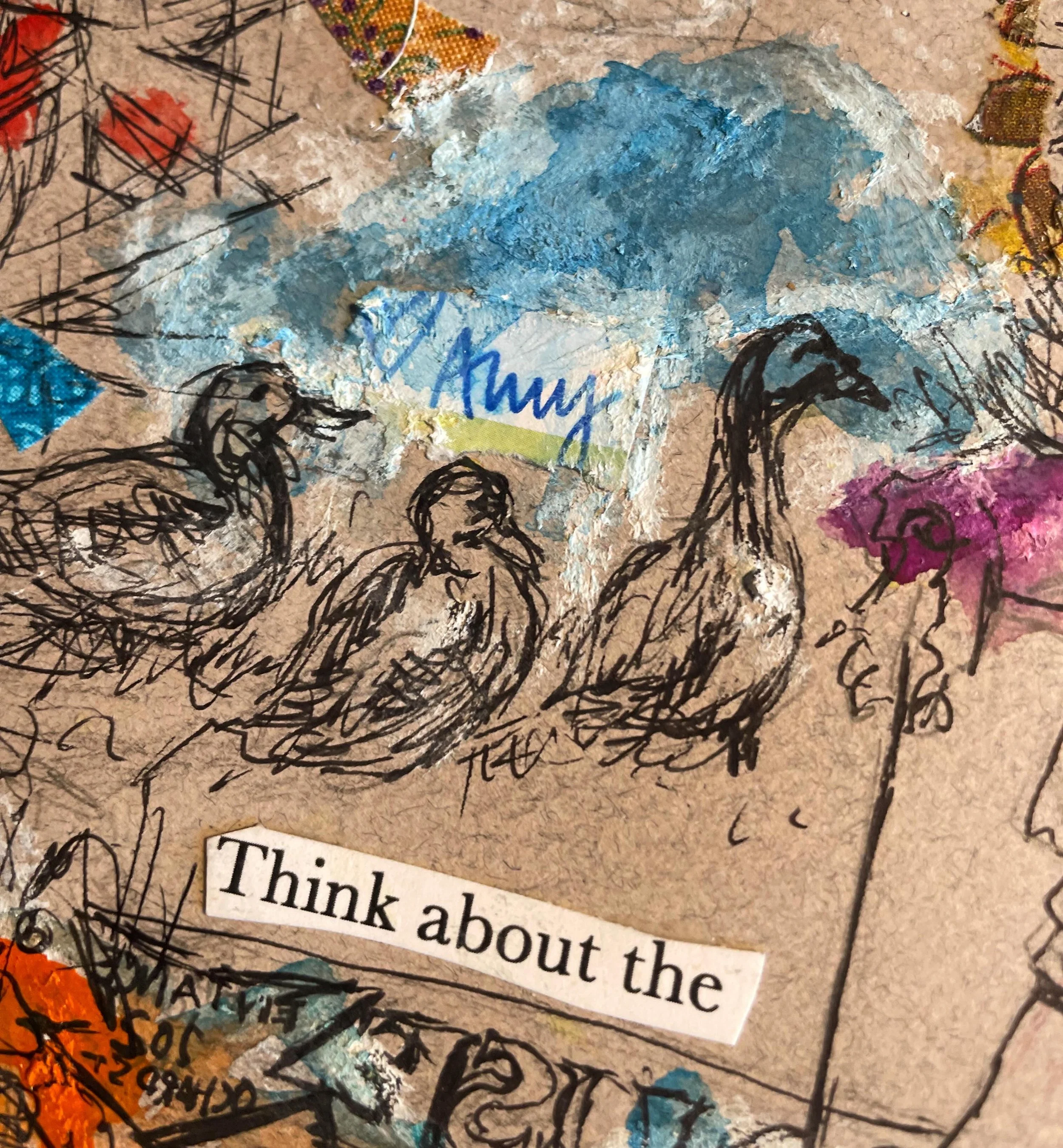 Working on a new mixed media drawing and realized that there are a few favorite things I like to embed within them.  See if you can spot these: random words, signatures and snippets from letters, torn pages from Pride and Prejudice, and hole punches.