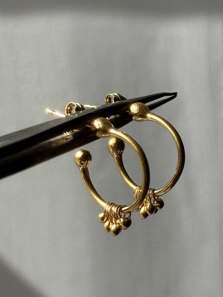 gold hoops delicate handmade artisan droplet charm unique small metalsmith goldsmith
