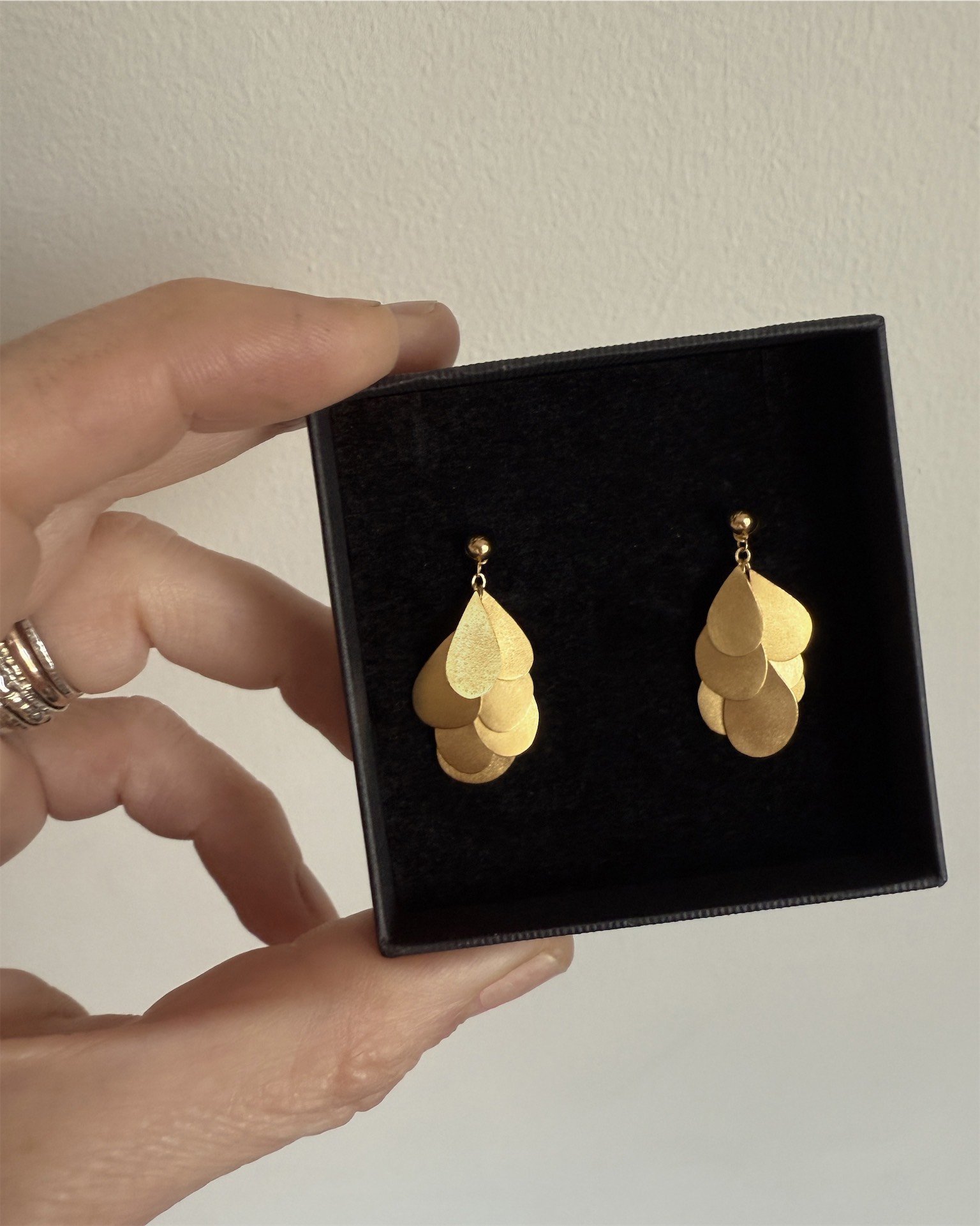 teardrop petal raindrop drape bloom handmade artisan gold earrings