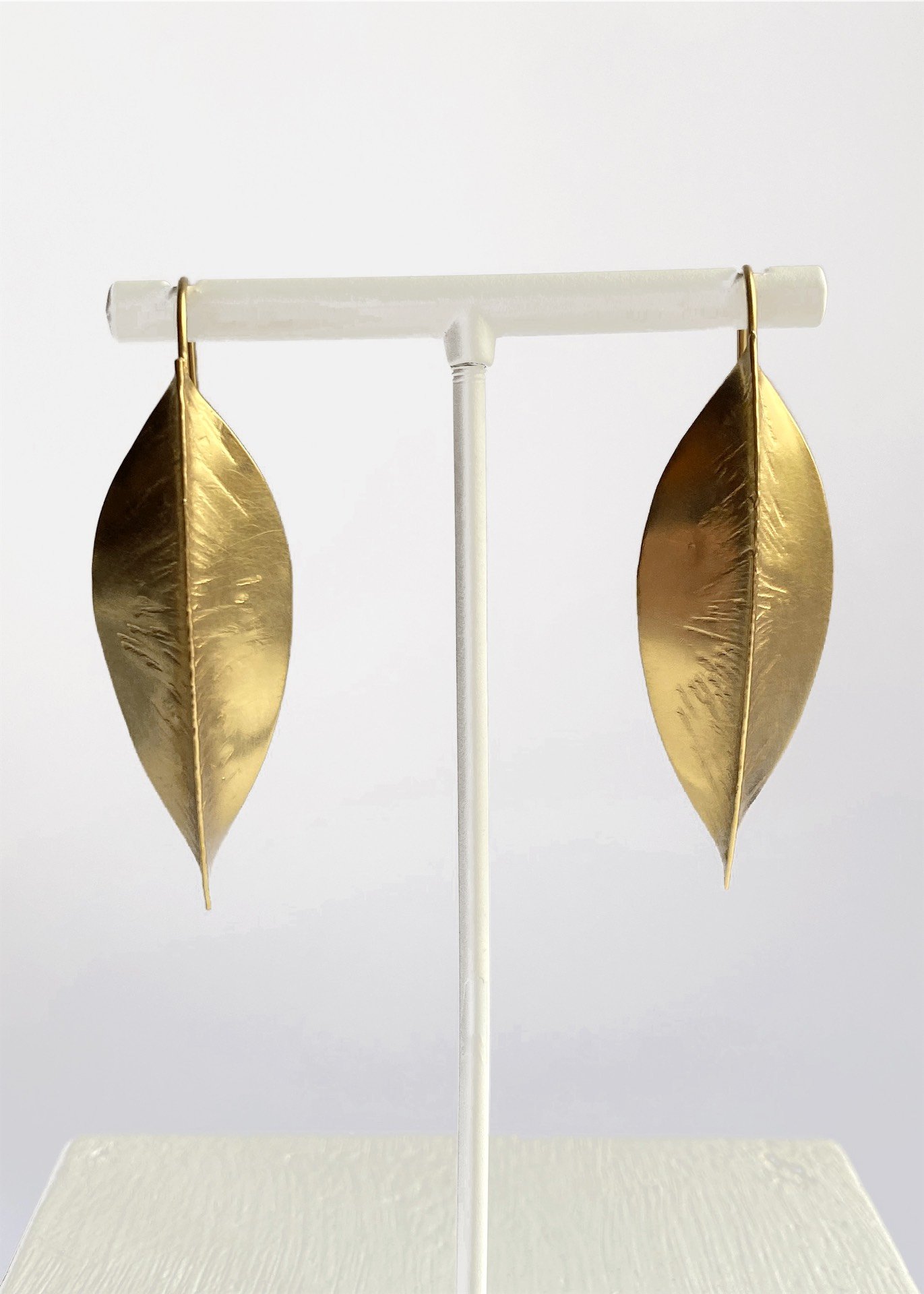 big leaf earrings leaves hammered artistic artisan drop jewellery statement gold devon artisan