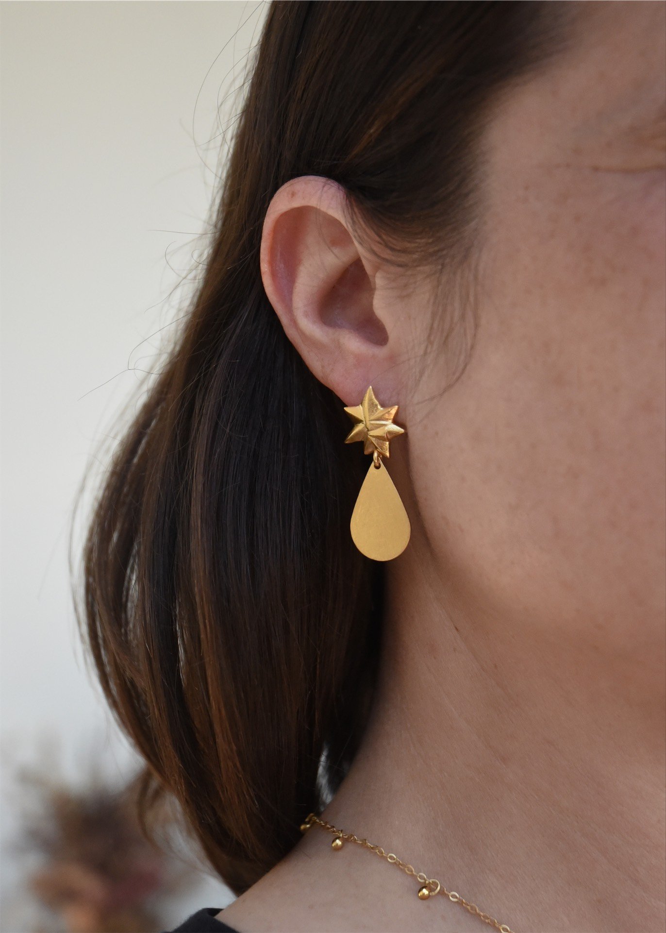 star drop handmade artisan starburst teardrop gold earrings