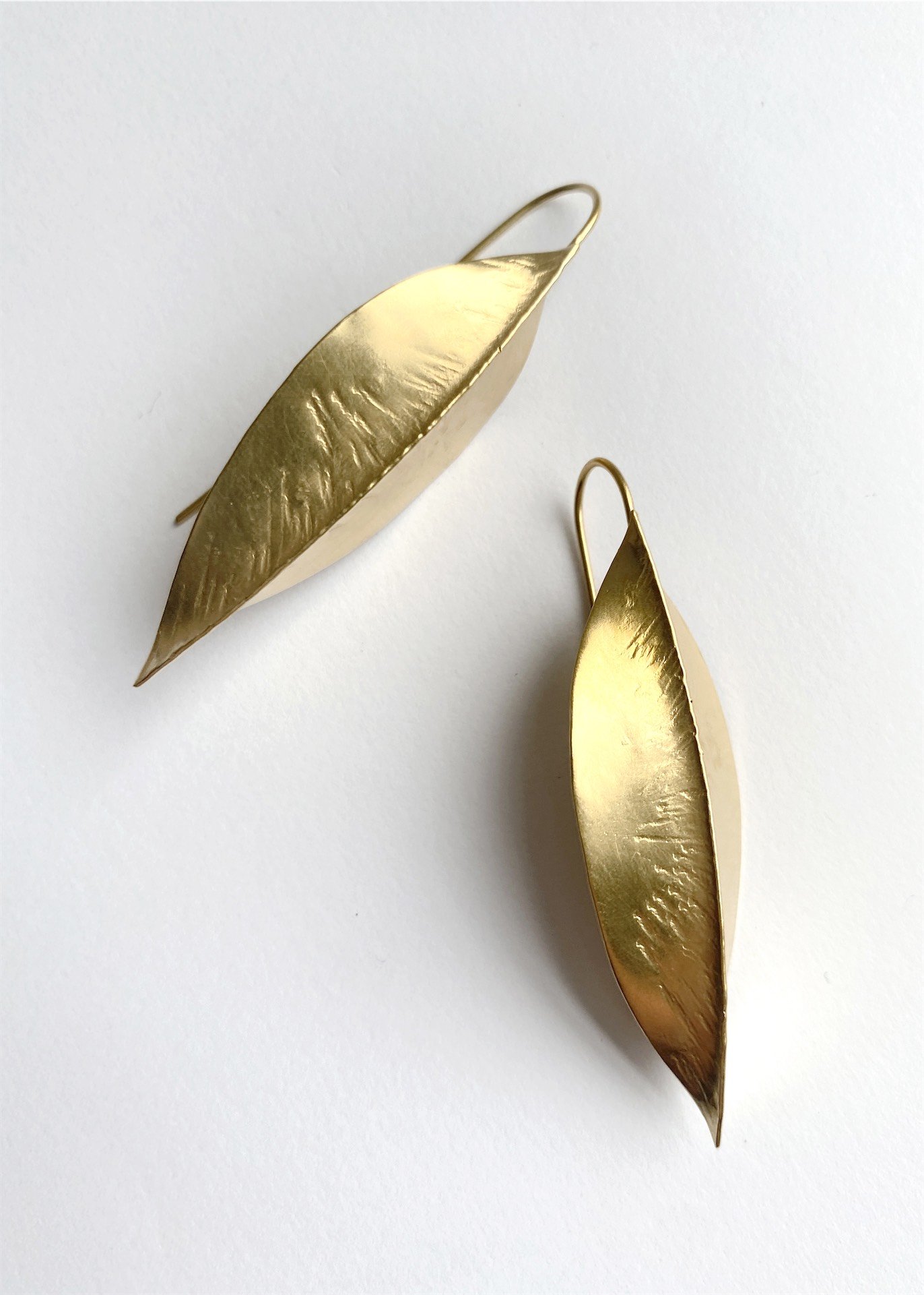 big leaf earrings leaves hammered artistic artisan drop jewellery statement gold devon artisan