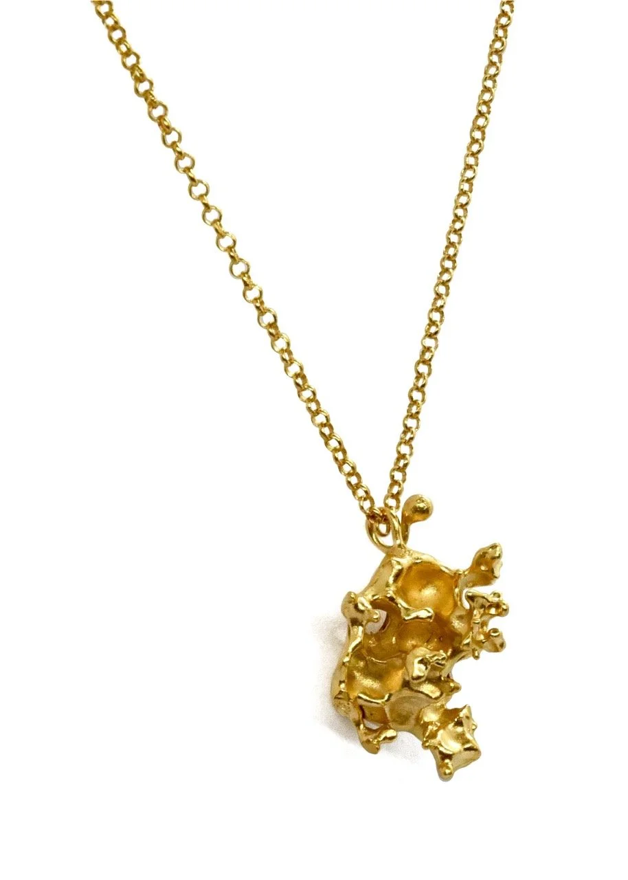 gold necklace pendant charm coral organic natural Devon Totnes sculptural modern edgy statement piece handcrafted artisan molten metalsmith