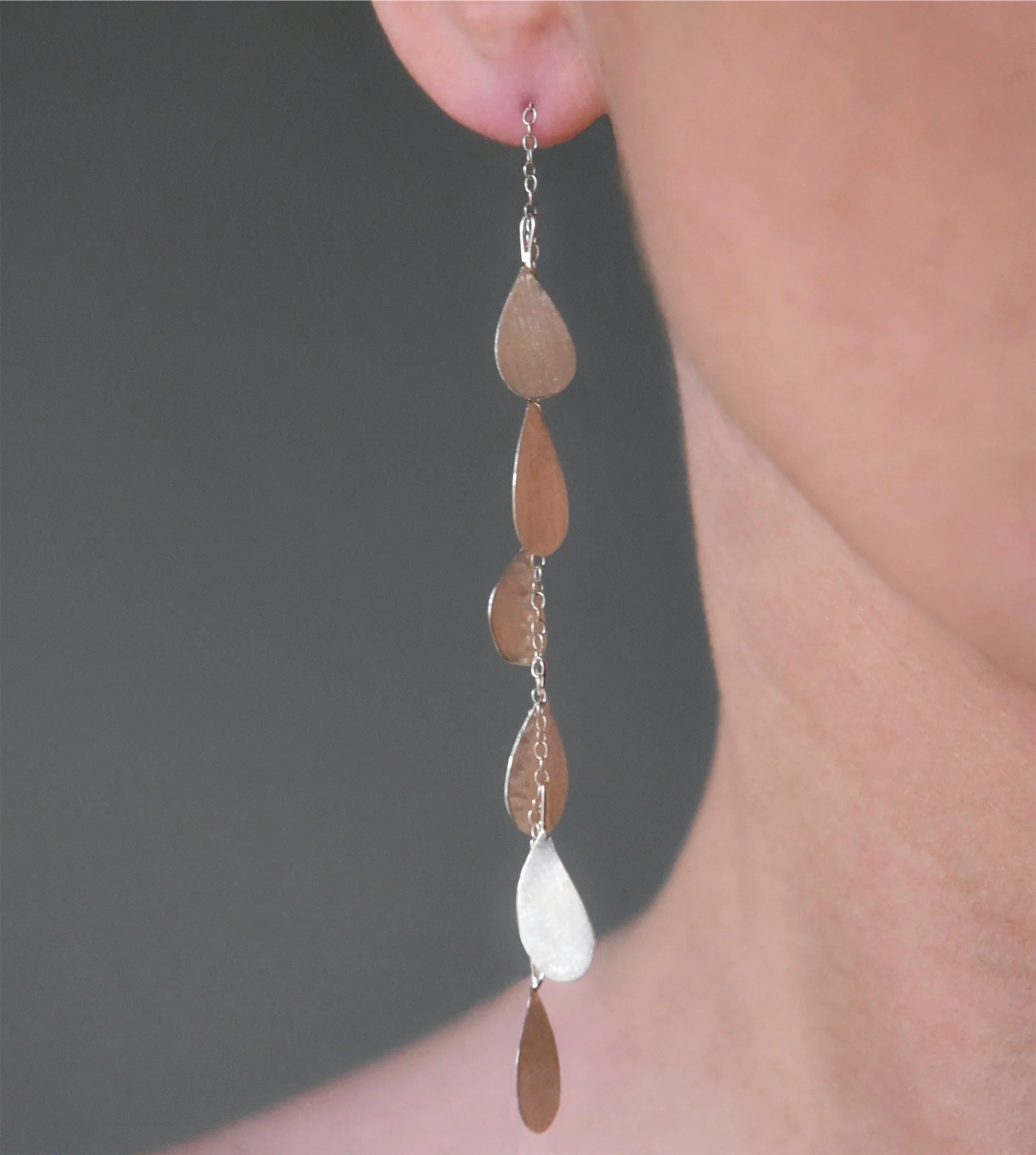 silver delicate drop earrings dangly leaf satin shimmer handcrafted lightweight elegant modern