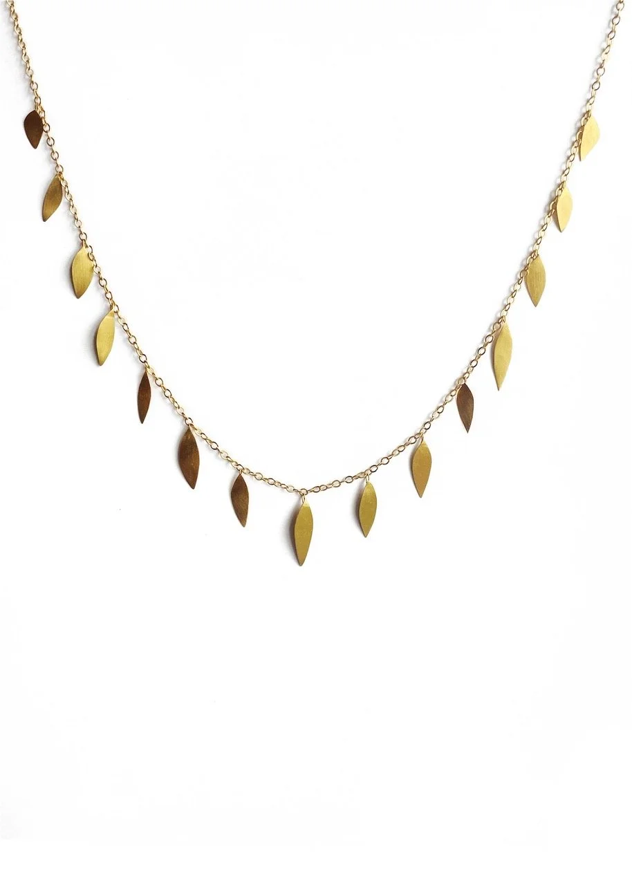 leaves gold silver necklace charm dainty slinky artistic artisan Devon Totnes handmade elegant modern gold plated satin fine jewellery handcrafted