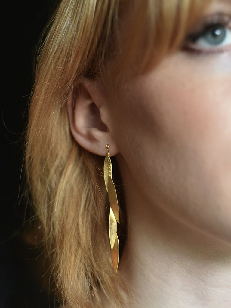 long drop threader leaf leaves gold earring handmade artistic artisan jewellery devon jewleller