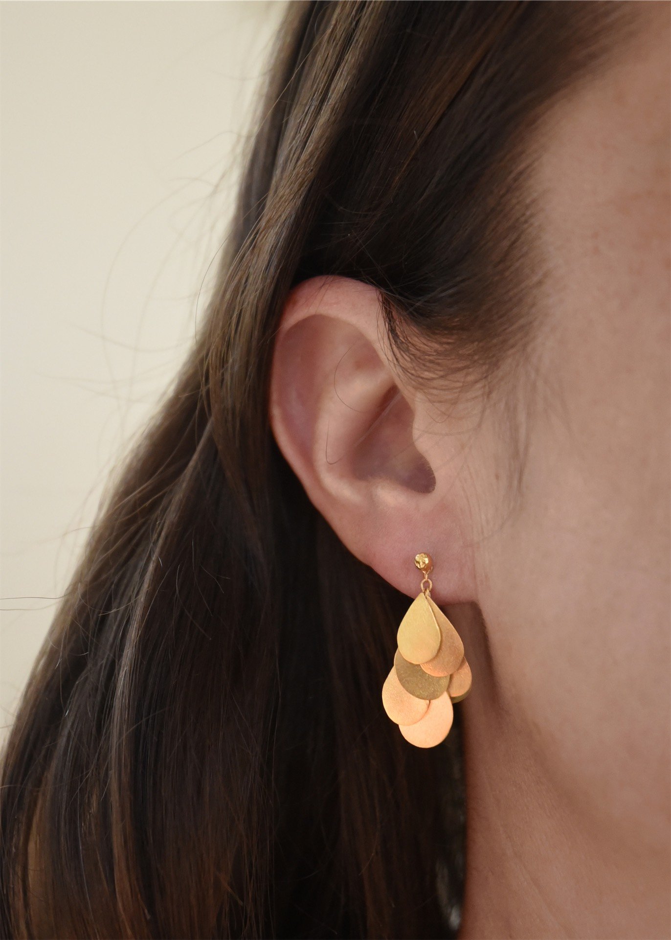teardrop petal raindrop drape bloom handmade artisan gold earrings