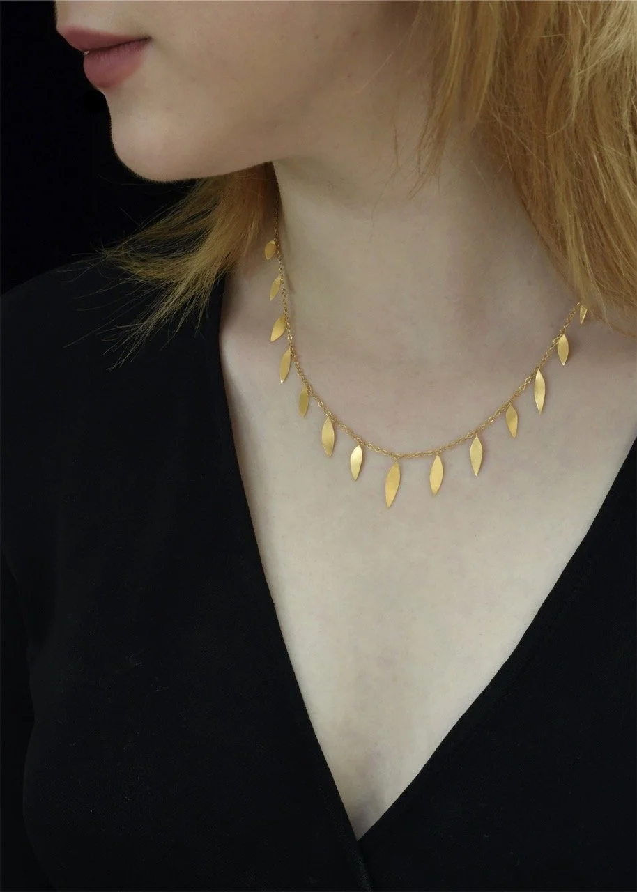 leaves gold silver necklace charm dainty slinky artistic artisan Devon Totnes handmade elegant modern gold plated satin fine jewellery handcrafted