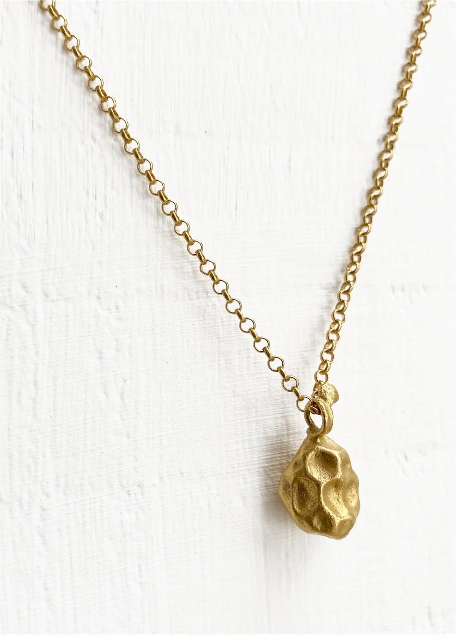 gold necklace ingot raw organic form textured statement pendant delicate chain modern unique classic Devon Totnes handmade artisan sculptural metalsmith