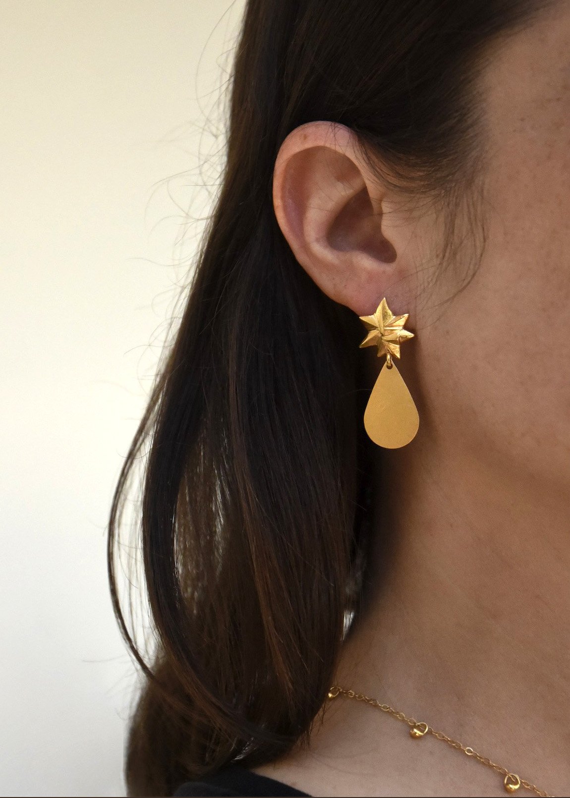 star drop handmade artisan starburst teardrop gold earrings