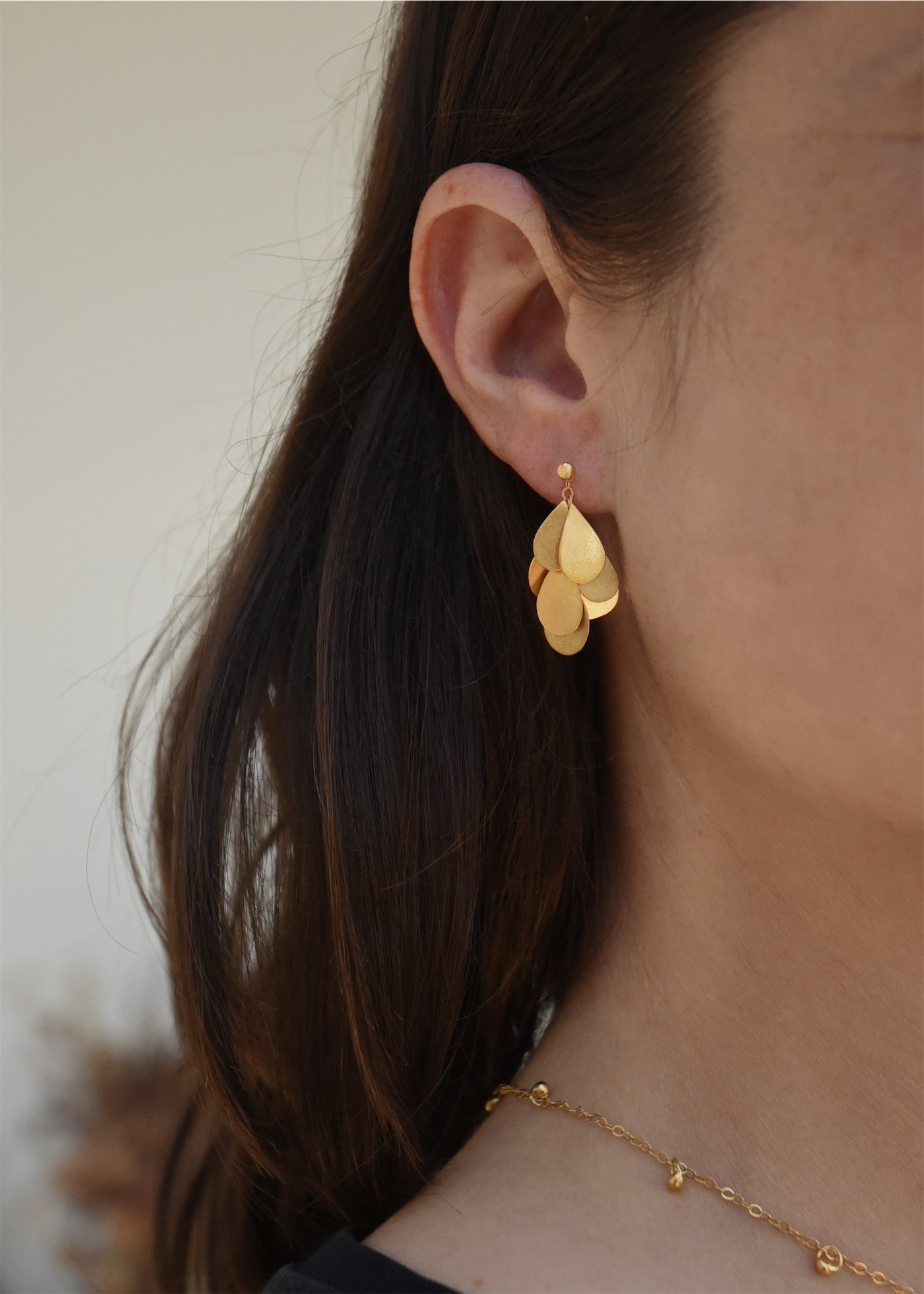 teardrop petal raindrop drape bloom handmade artisan gold earrings