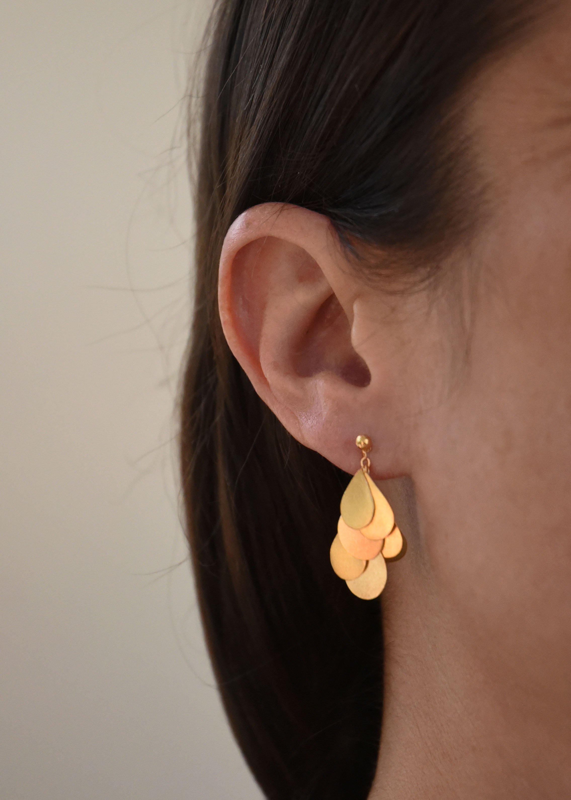 teardrop petal raindrop drape bloom handmade artisan gold earrings