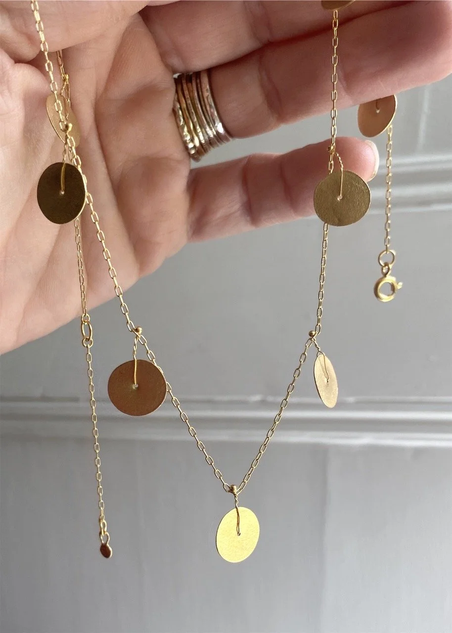 gold necklace pendant disc textured handmade greek ancient vintage inspired fine jewellery brushed elegant delicate chain everyday wear statement Devon Totnes artisan metalsmith