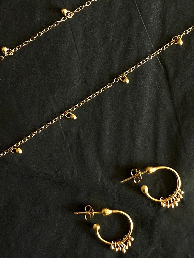 gold hoops delicate handmade artisan droplet charm unique small metalsmith goldsmith dainty