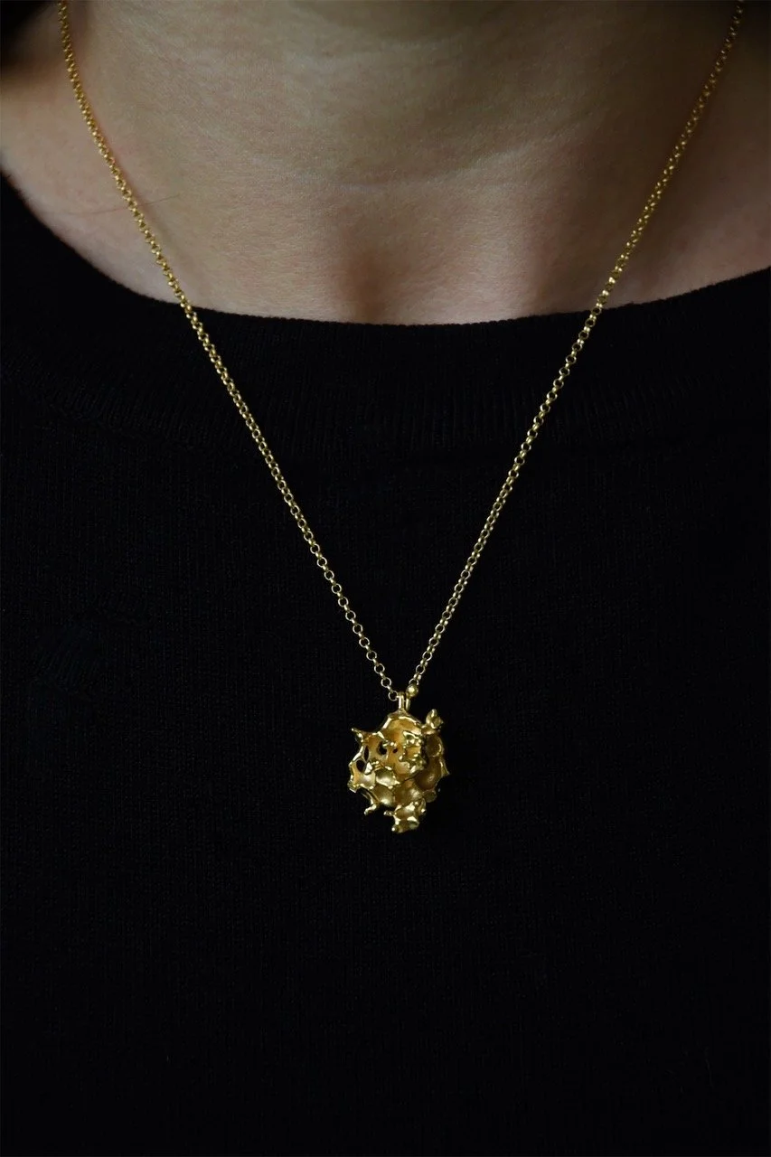 gold necklace pendant charm coral organic natural Devon Totnes sculptural modern edgy statement piece handcrafted artisan molten metalsmith