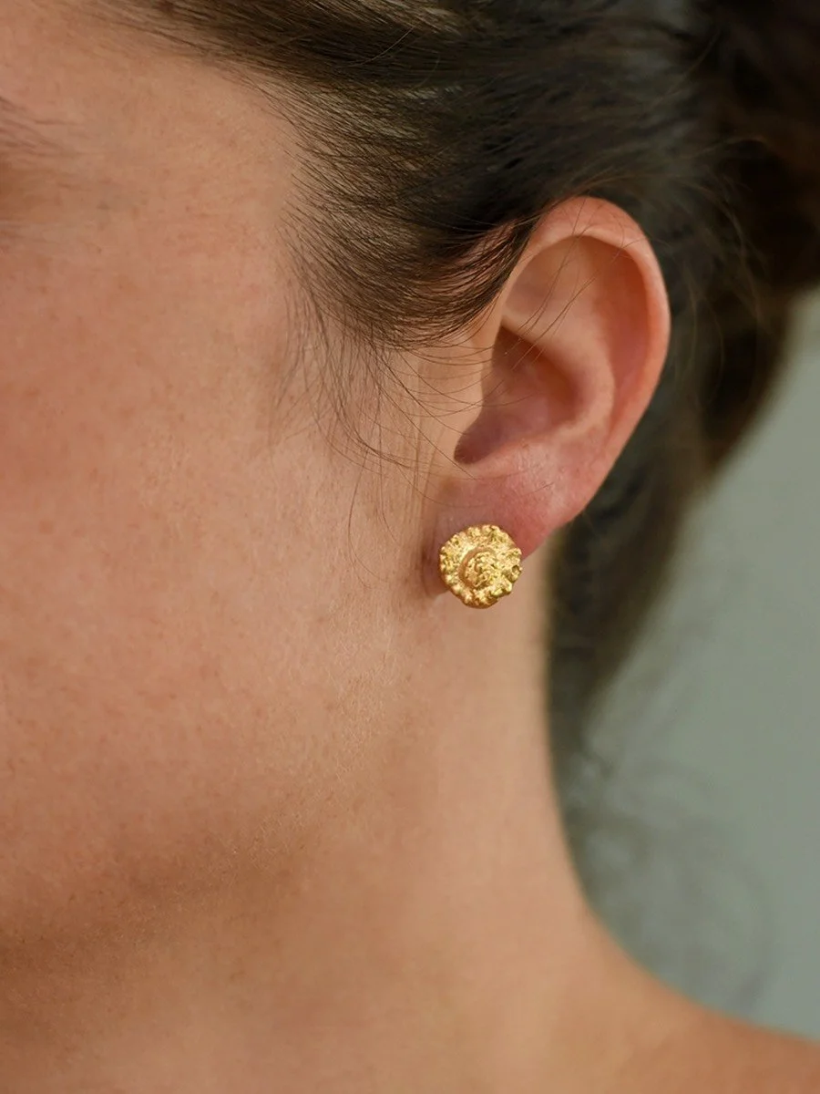gold jewellery earrings greek coin textured raw handcrafted cast disc modern classic elegant fine jewellery antique
