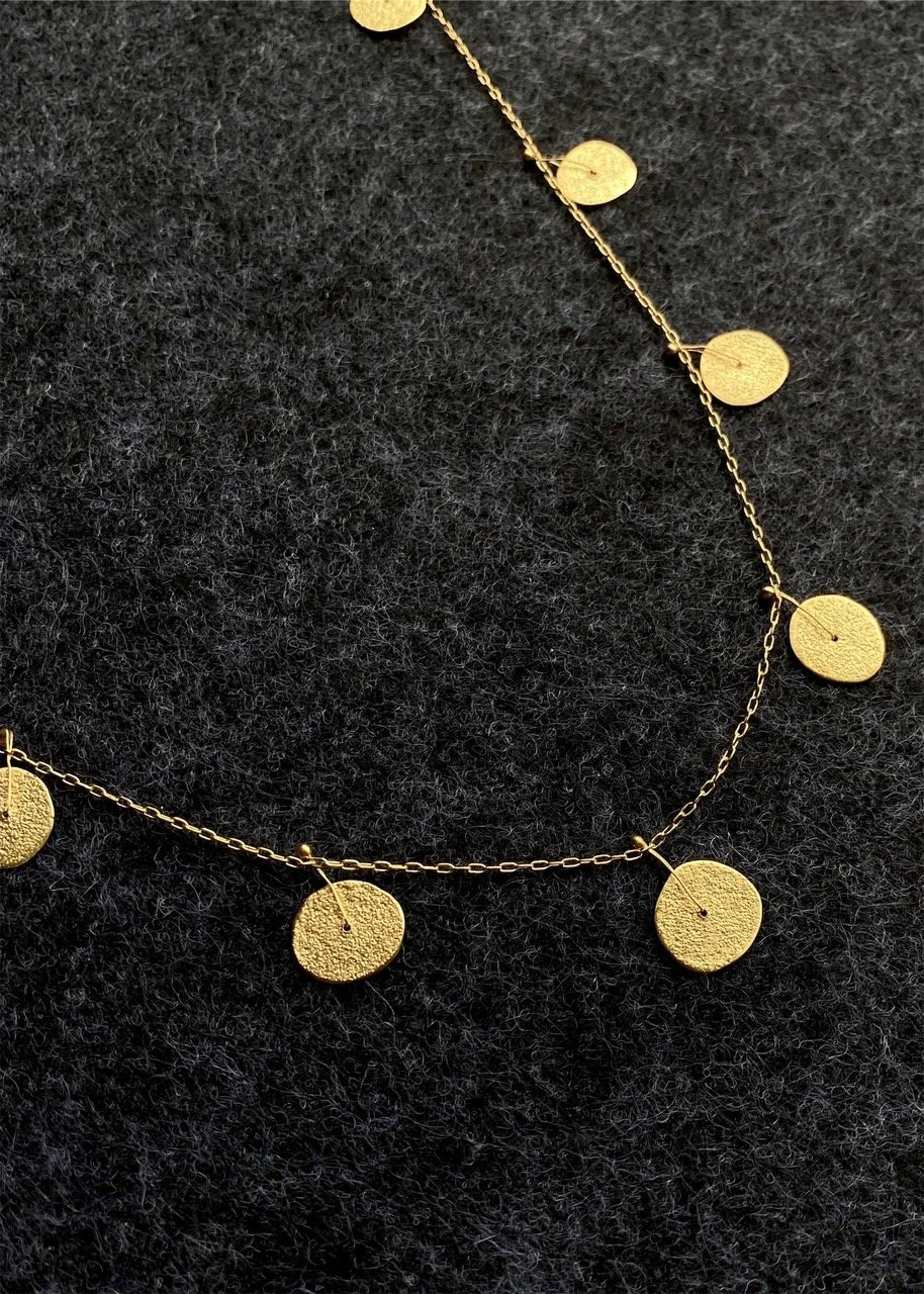 gold necklace pendant disc textured handmade greek ancient vintage inspired fine jewellery brushed elegant delicate chain everyday wear statement Devon Totnes artisan metalsmith