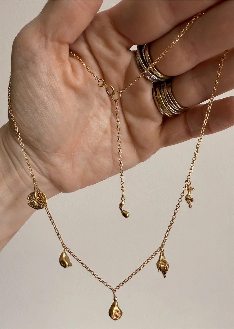 gold necklace charm Devon Totnes coral metalsmith dainty pendant handmade artisan elegant modern custom