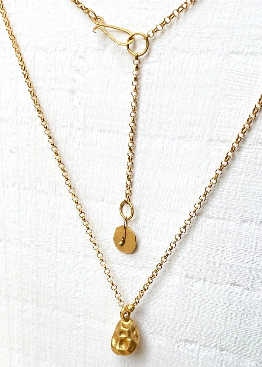 gold necklace ingot raw organic form textured statement pendant delicate chain modern unique classic Devon Totnes handmade artisan sculptural metalsmith