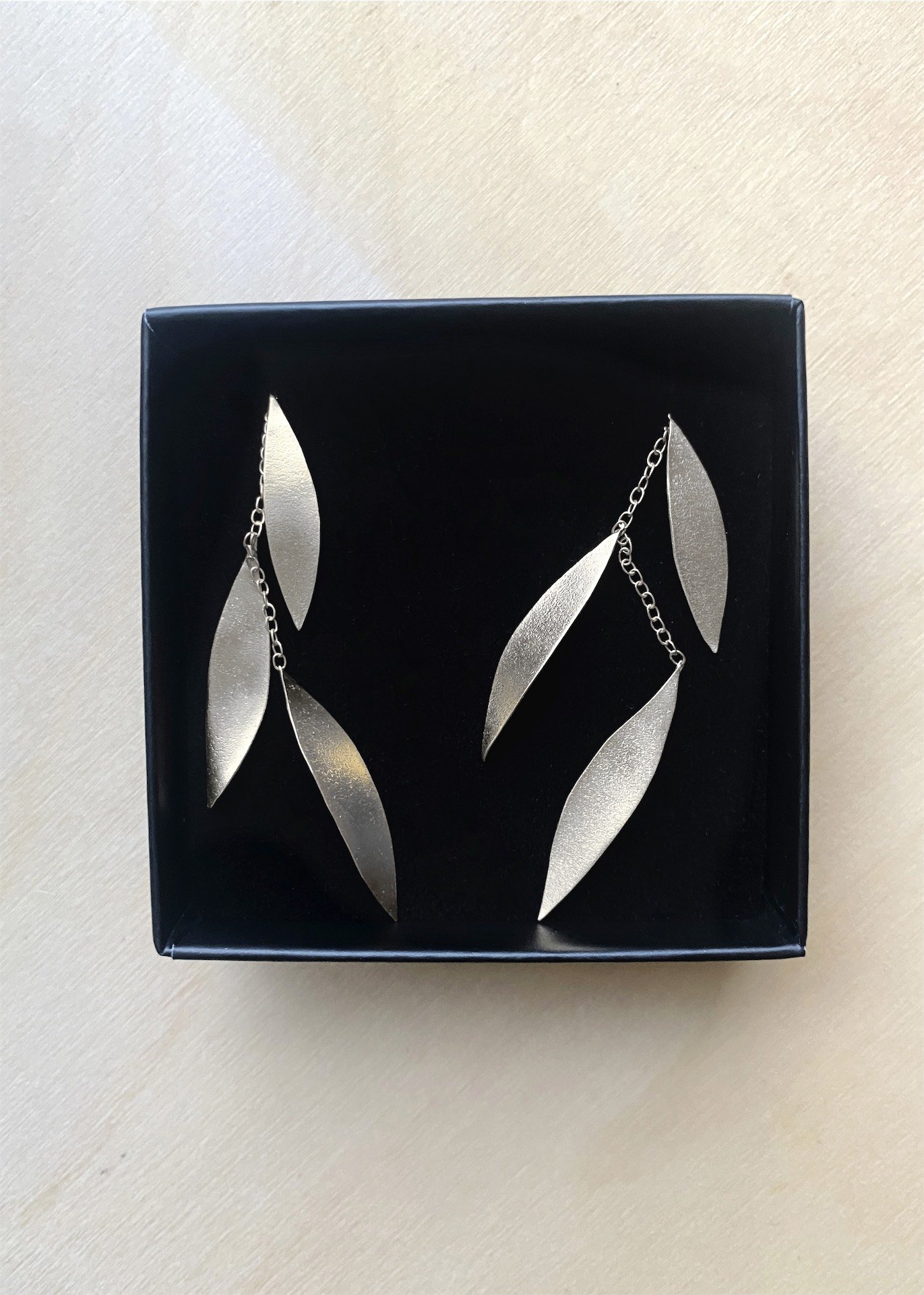 long drop threader leaf leaves artisan silver earrings handmade devon arty unique