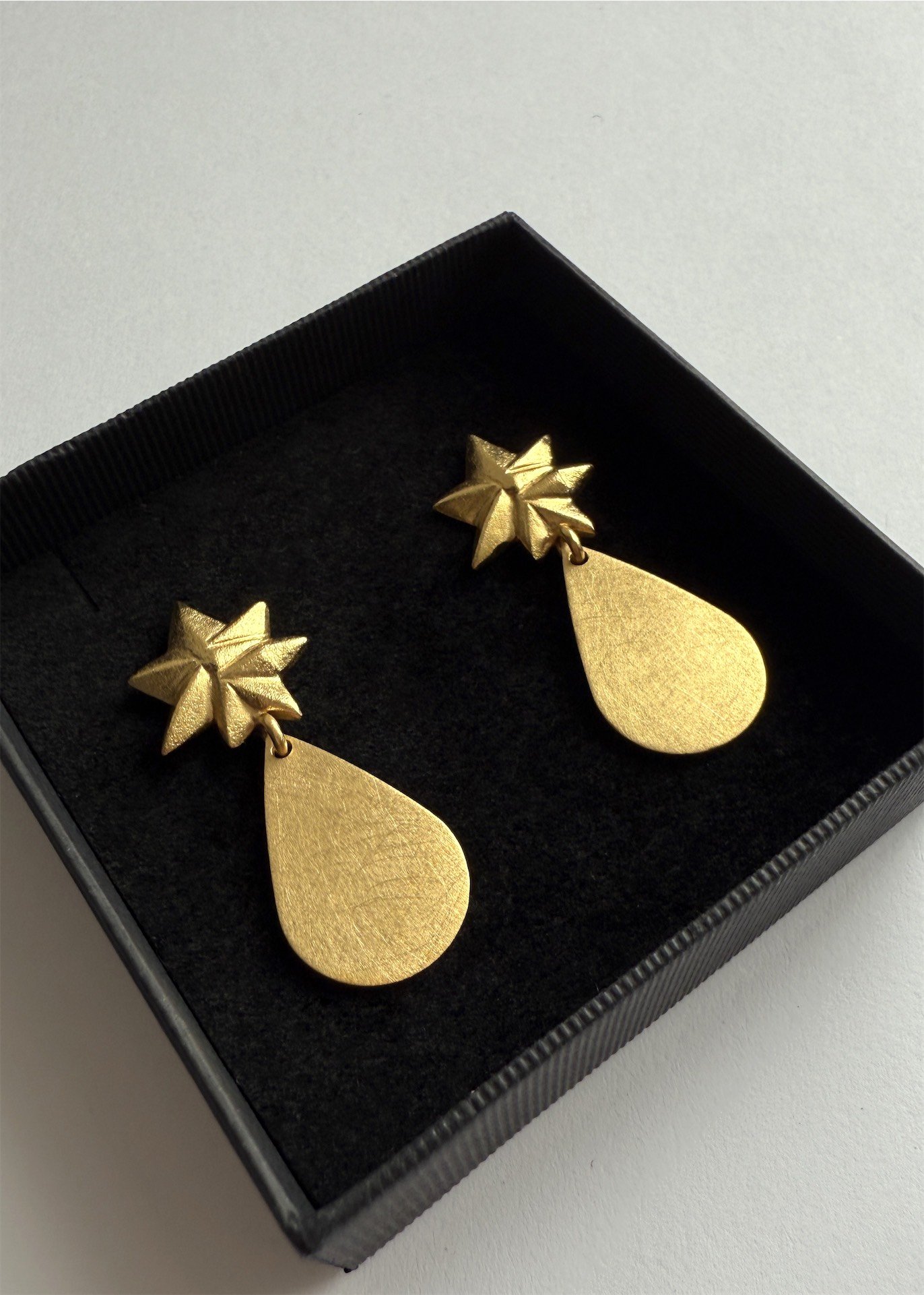 star drop handmade artisan starburst teardrop gold earrings