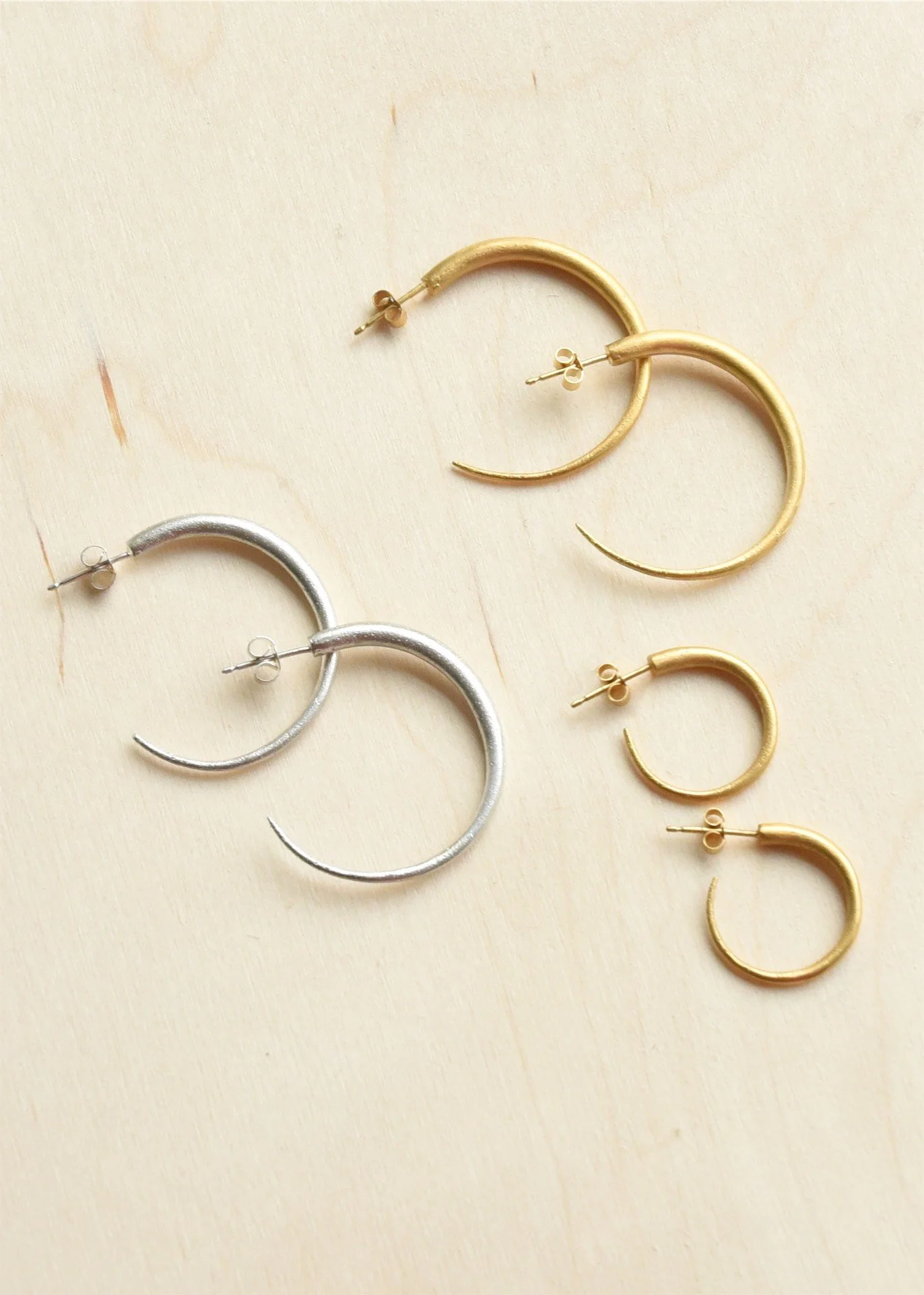 gold silver tapered hoops satin handmade artisan fine jewellery minimalist