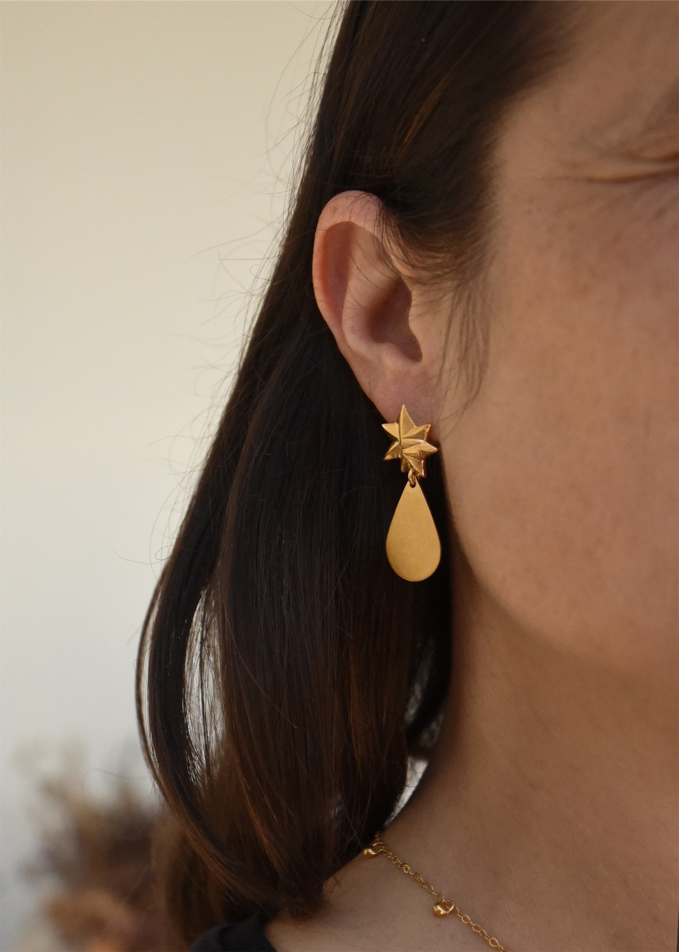 star drop handmade artisan starburst teardrop gold earrings