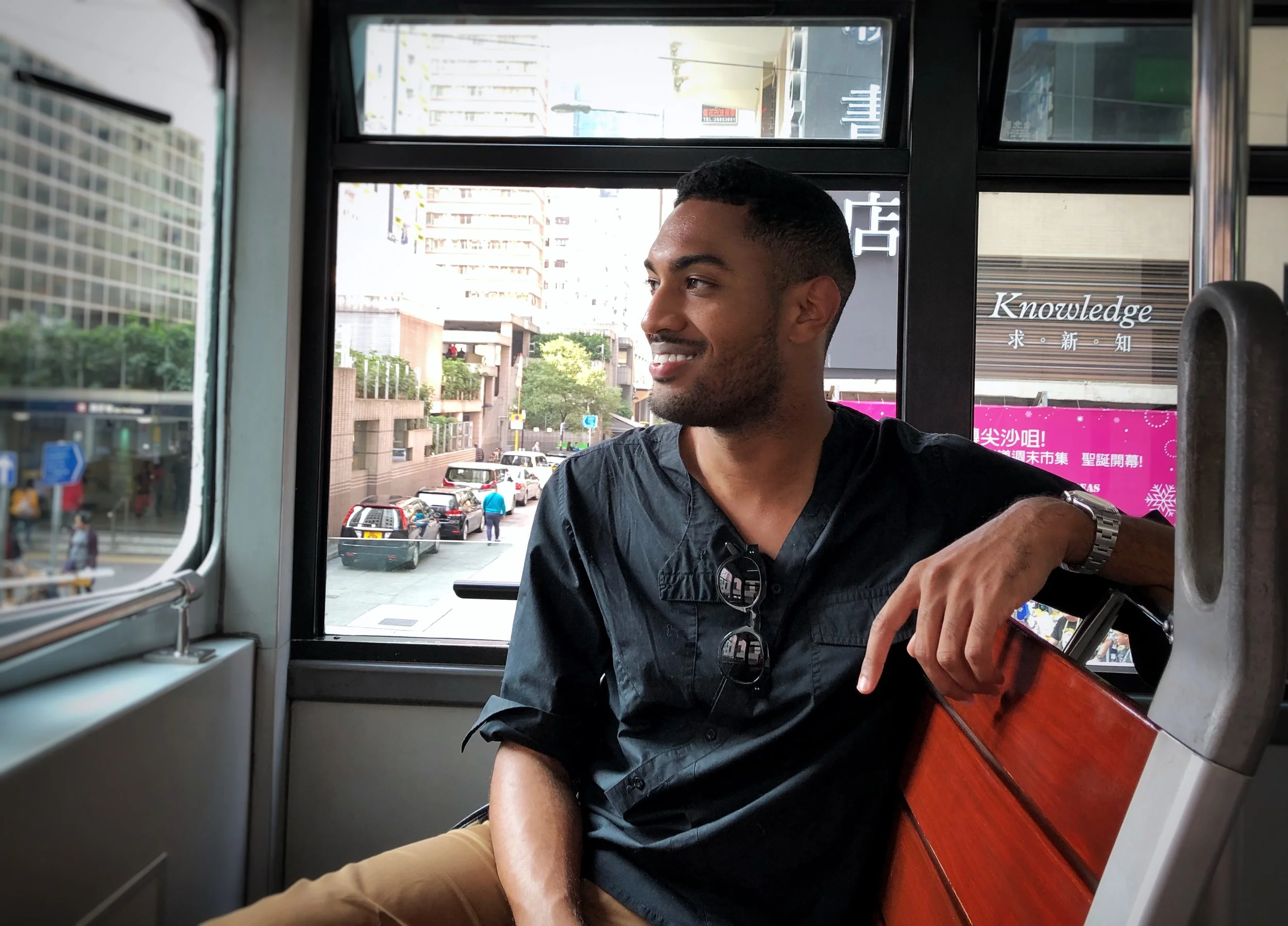 On the tram in Hong Kong moments before I met Jenny.