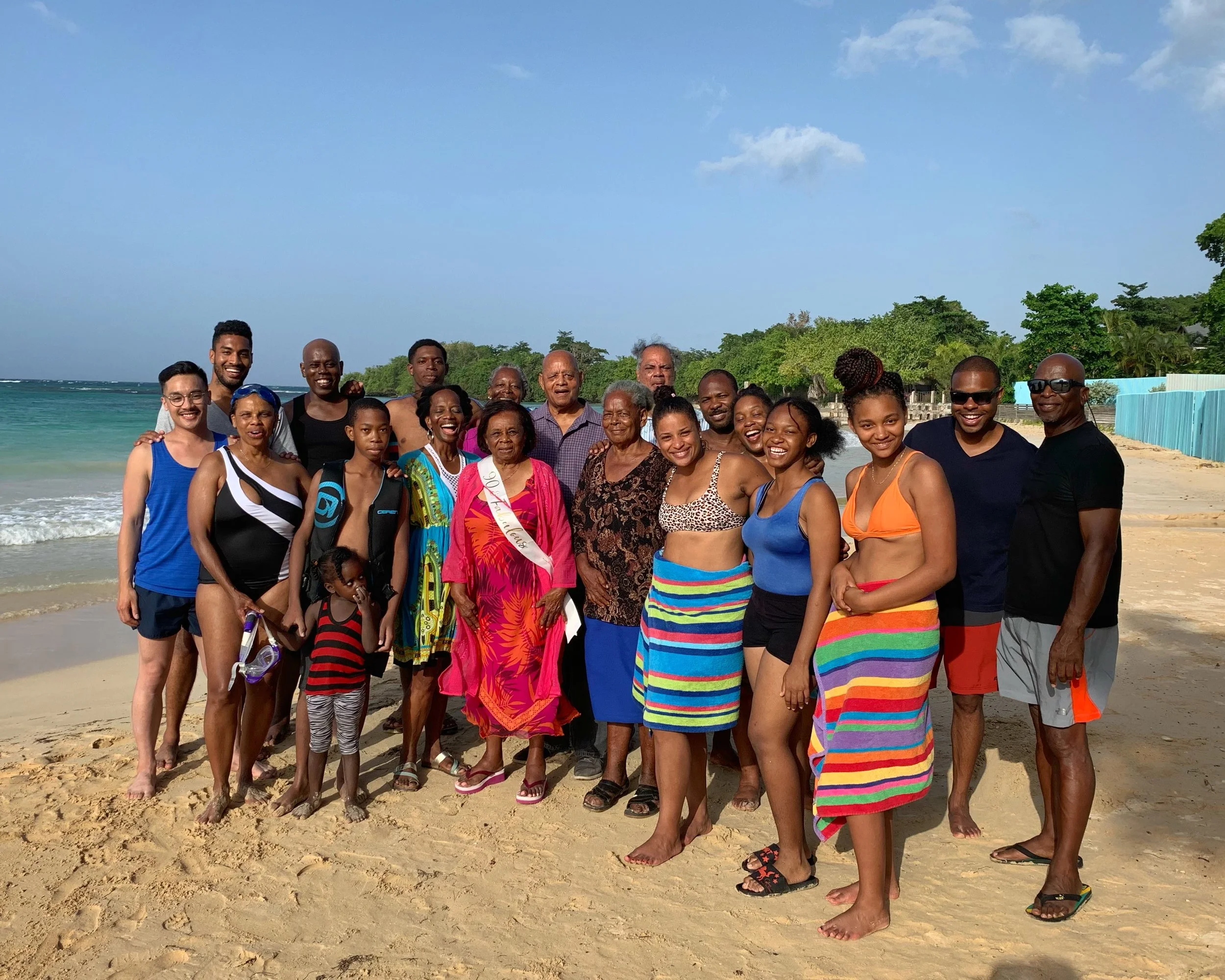 My grandmother (with the “90 and Fabulous” sash) and some of the extended family in Jamaica! Two of her siblings are to her left, she’s the oldest.