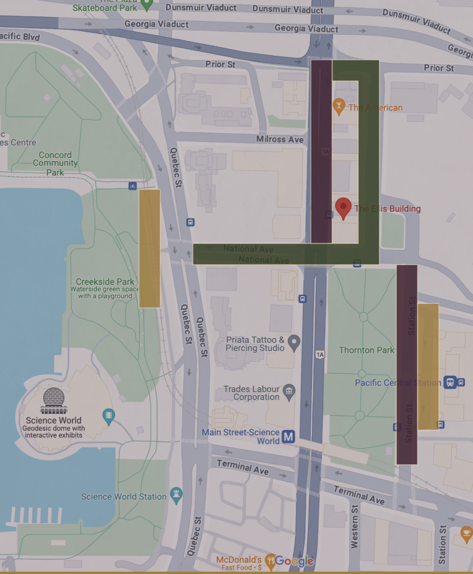 Map of Vancouver, Canada, showing landmarks like Science World, Science World Station, Creekside Park, and Concord Community Park, with streets, viaducts, and transit stations.