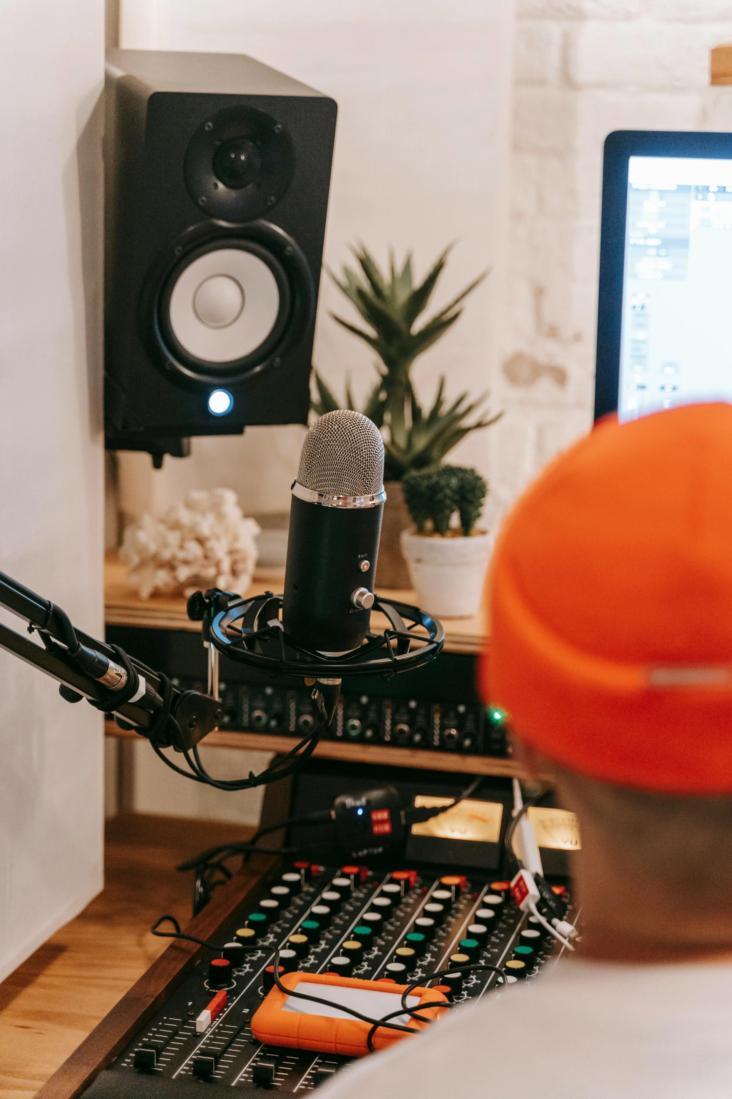 Recording studio with microphone, sound mixer, monitor speaker, and computer monitor, with decorative plants in the background.