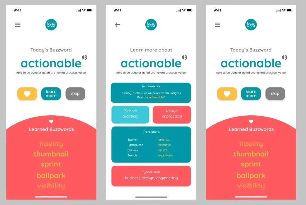  With our focus of teaching uncommon english phrases and different work related terms we started to brainstorm ideas for how we could do that in an app. One of our main goals for our app was to make it very accessible to working and busy individuals,