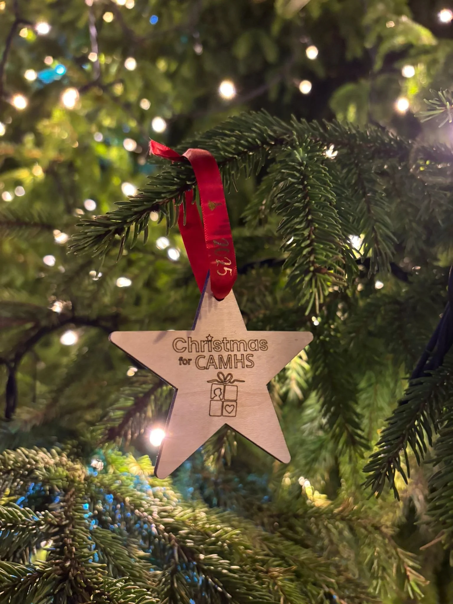 Wooden Star Shaped Festive Tree Decoration with Christmas for CAMHS logo hanging on a big Christmas tree