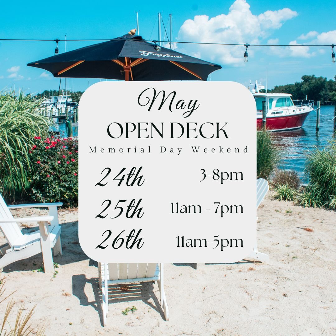 The deck and beach will be open Friday, May 24th from 3-8pm and Saturday May 25th from 11-7pm to enjoy refreshing drinks, delicious food from Big Boy Tacos and take in the beautiful Solomons Island views! 

Then, Sunday, May 26th from 11-5pm is our m