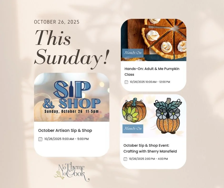 π Create, Cook, & Celebrate This Sunday!
Join us for our monthly Artisan Sip & Shop at No Thyme to Cook — an unforgettable day filled with creativity, community, and fall fun!
β¨ Explore 25 unique local vendors
π¨ Book your spot for a